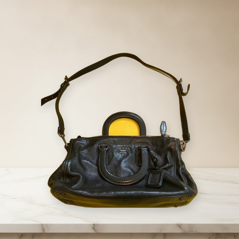 Prada Handbag Shoulder Bag Black Leather Zipper Closure Removable Strap
