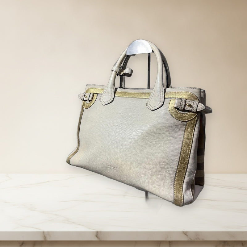 Burberry Nova Check Handbag Tote Leather Greige Gold Hardware