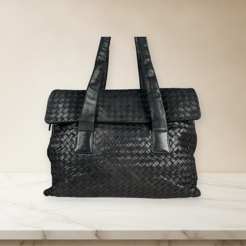 Bottega Veneta Intrecciato Handbag Leather Black Large Capacity