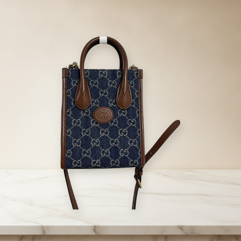 Gucci Gg Denim 2WAY Tote Bag Shoulder Bag Leather