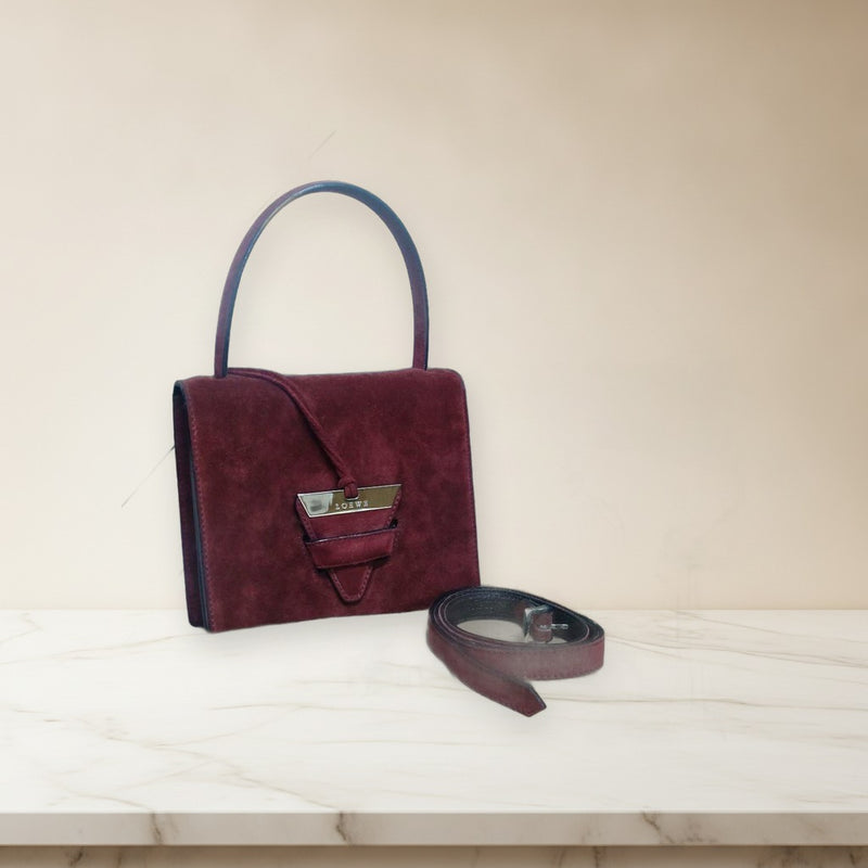 Loewe Barcelona Shoulder Bag Handbag Suede Burgundy
