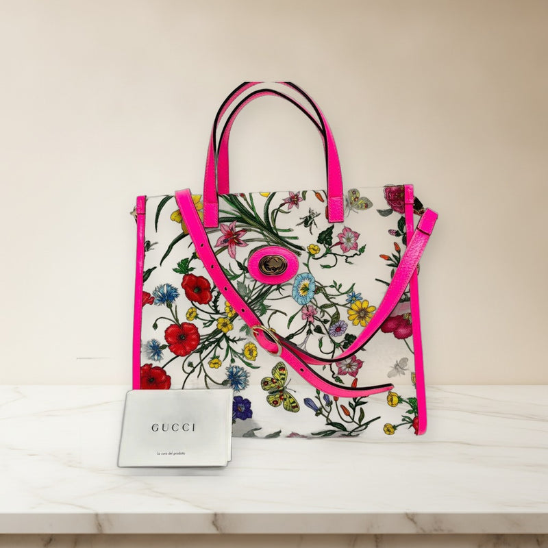 Gucci Flora 550141 2-Way Tote Shoulder Bag Canvas Leather Pink