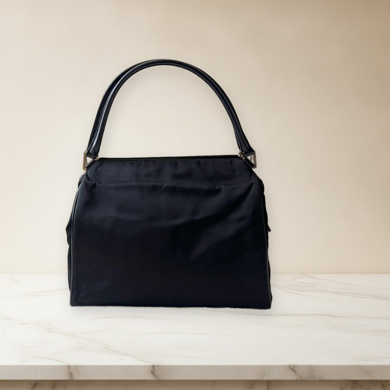 Prada Triangle Logo Plate Handbag Black Nylon Gold Hardware