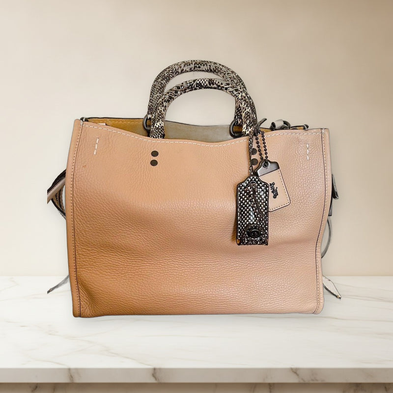 Coach Rogue 2way Shoulder Bag Pebble Leather Snakeskin Handle Beige Gold