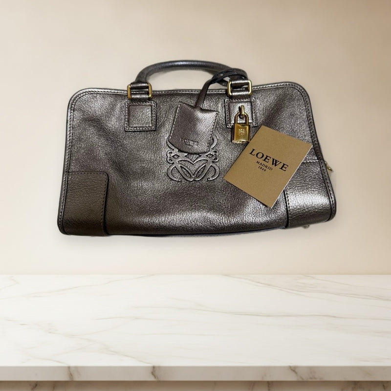 Loewe Amazona 28 Handbag Gold Leather Black Logo Lined Interior