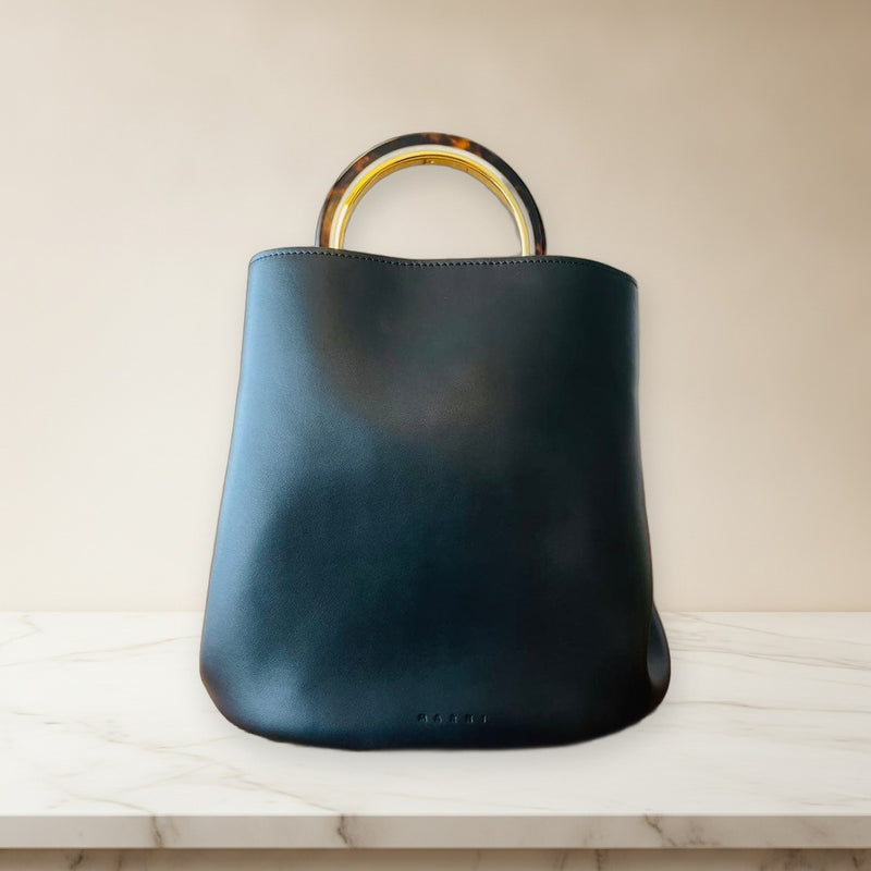 Marni Panier Handbag Tote Shoulder Bag Leather Black