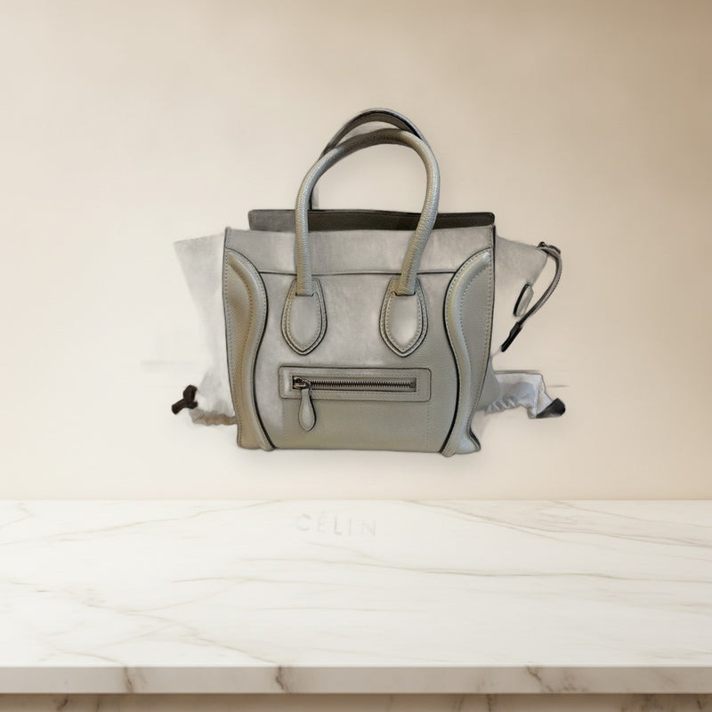 Celine Luggage Micro Handbag Tote Bag Leather Light Gray