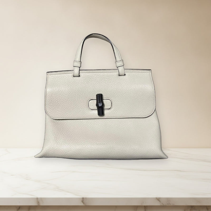 Gucci Bamboo Daily Medium Top Handle Bag Leather Cream Beige Flap Closure