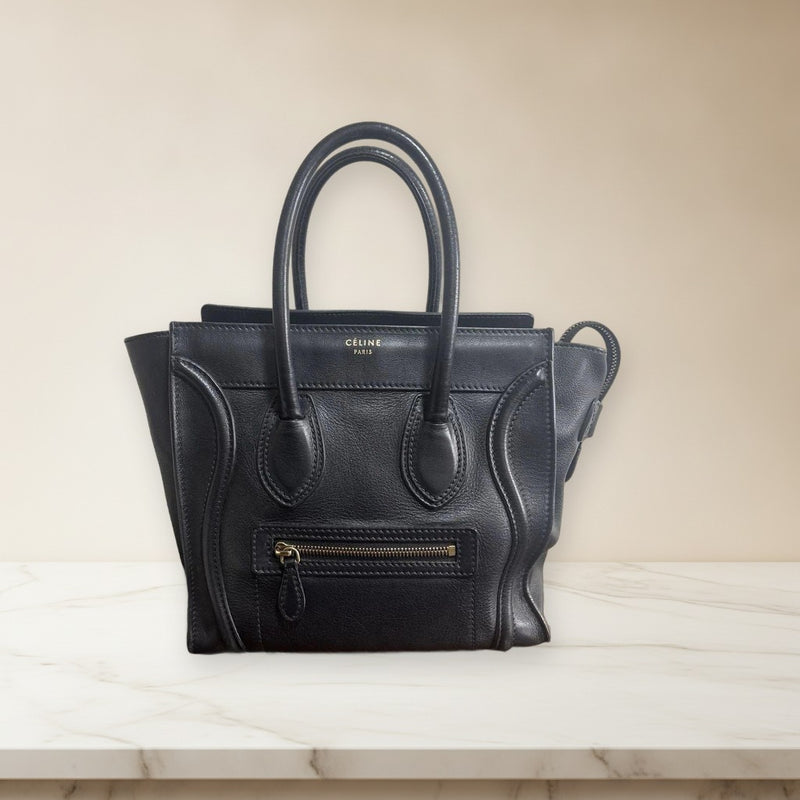 Celine Luggage Micro Handbag Black Leather Tote Bag