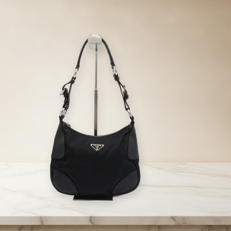 Prada Triangle Logo Handbag Nylon Leather Black