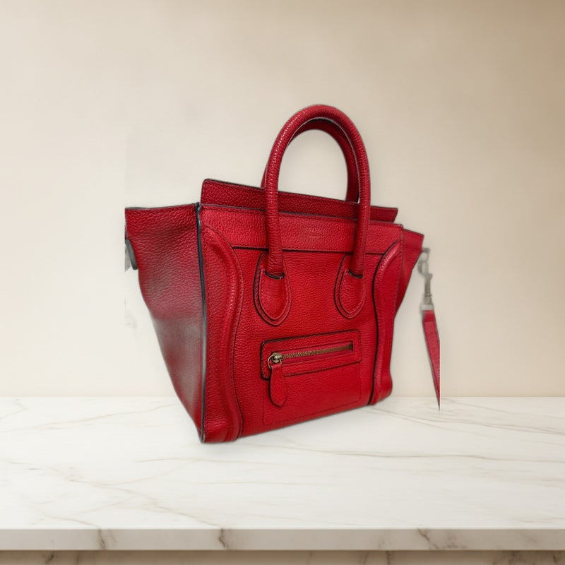 Celine Luggage Nano Shopper 2way Shoulder Bag Handbag Leather Red