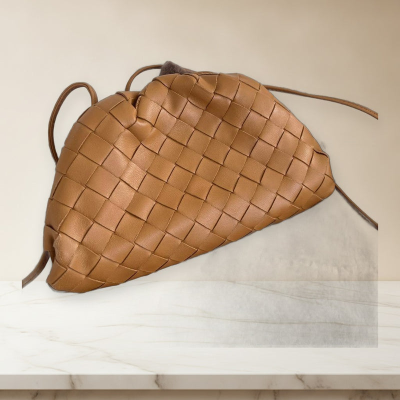 Bottega Veneta Mini The Pouch Clutch Shoulder Bag Lambskin Caramel Brass
