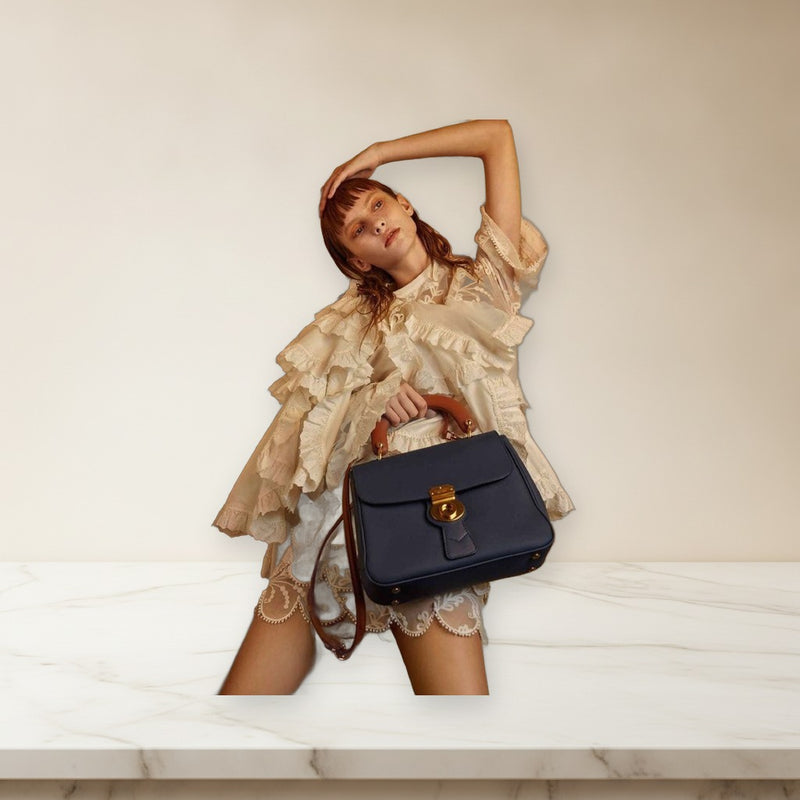 Burberry DK88 Trench Leather Top Handle Bag Navy Brown Bi-color