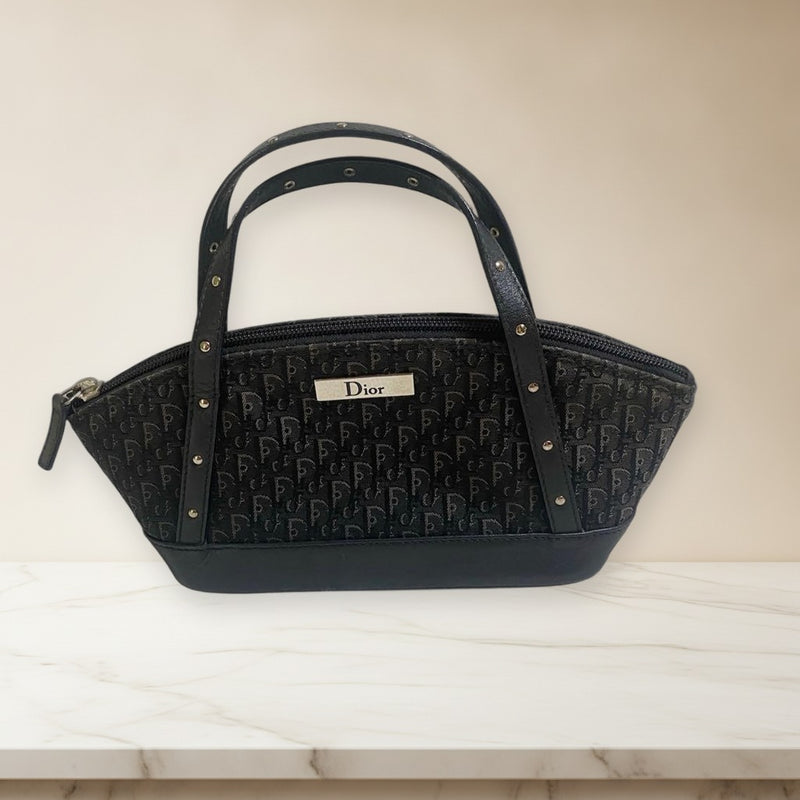 Christian Dior Trotter Handbag Pouch Black Canvas Leather