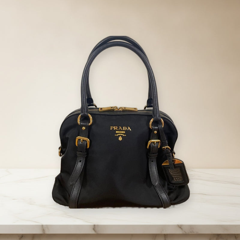 Prada Nylon Leather Handbag Shoulder Bag Tote Black