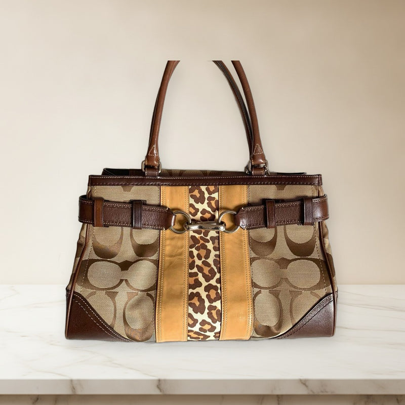 Coach Leopard Print Stripe Handbag Canvas Leather Beige Brown Shoulder Bag