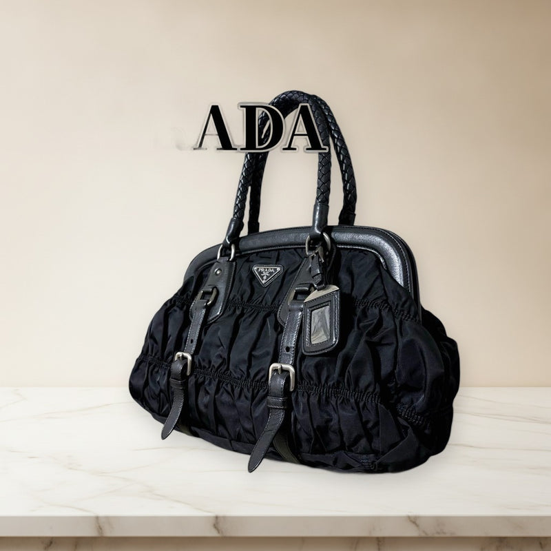 Prada Gathered Tessuto Nylon Leather Shoulder Bag Black Handbag