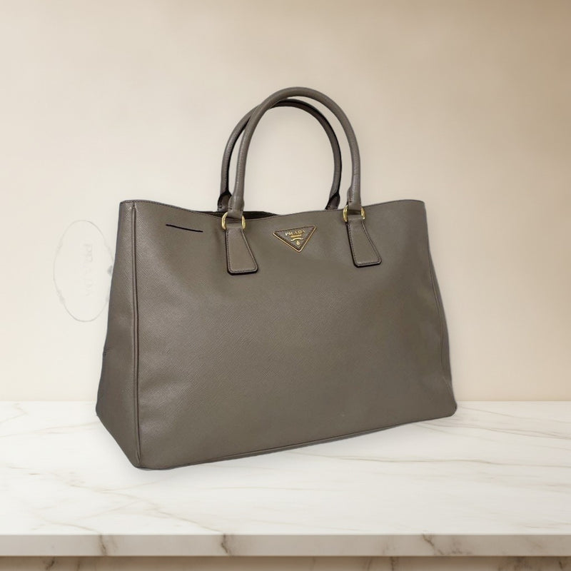 Prada Galleria Saffiano 2-way Handbag Tote Shoulder Bag Greige Leather