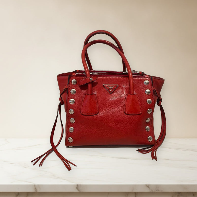 Prada Studded Handbag Shoulder Bag Red Leather