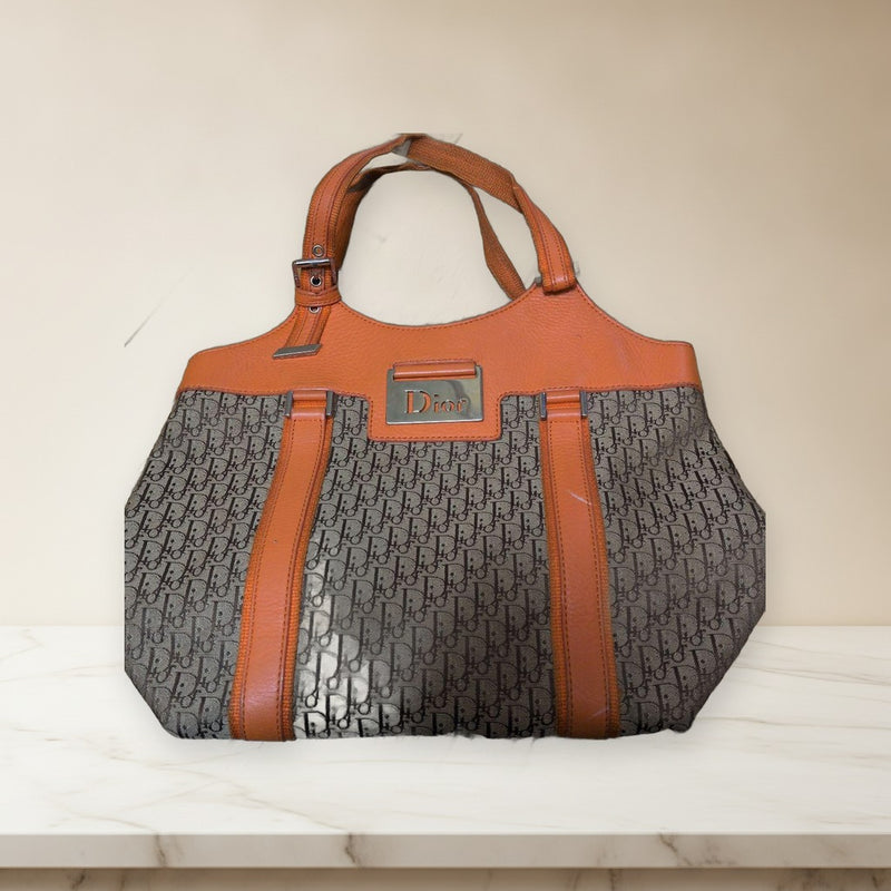Christian Dior Tote Bag Leather Canvas Orange Brown Handbag