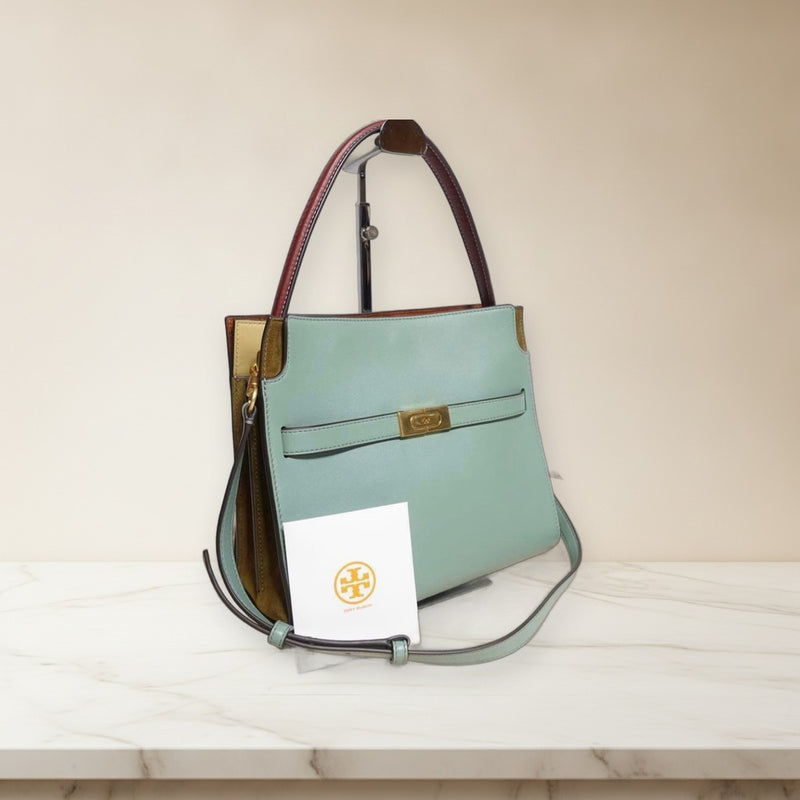 Tory Burch Lee Radziwill Double Bag Small Handbag Tote Leather Suede Light Green