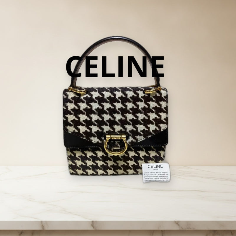 Celine Gancini Handbag Houndstooth Harako Leather Brown Black Red