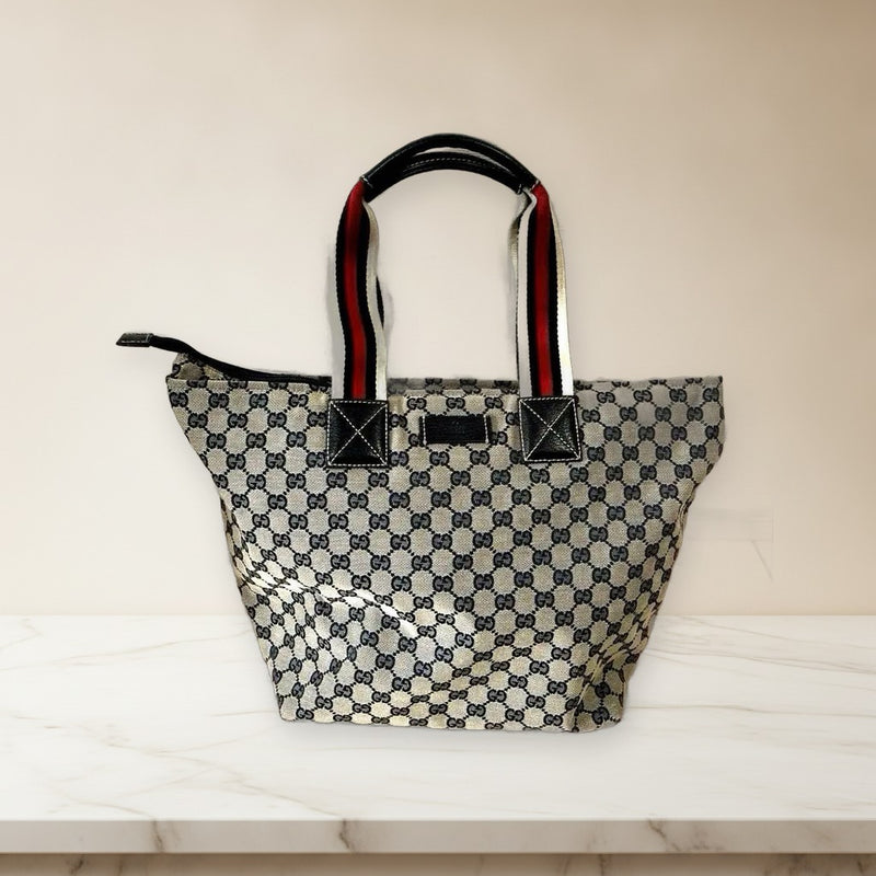 Gucci Gg Sherry Line Tote Bag Canvas Leather Navy Gray Red Web Stripe