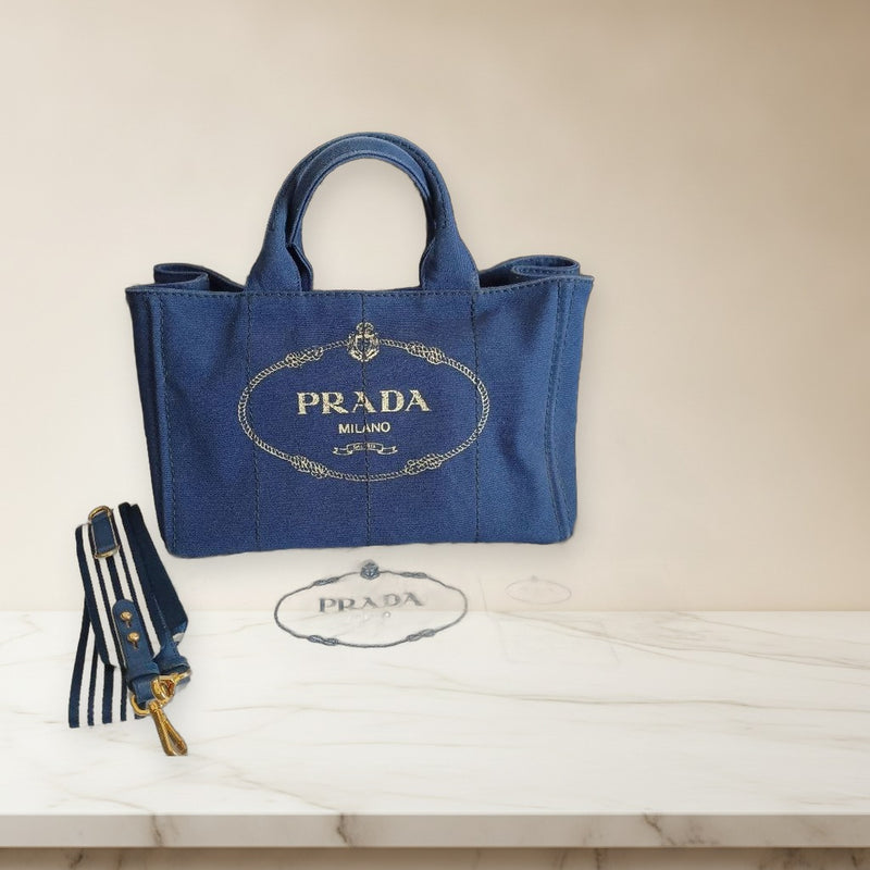 Prada Canapa Tote Bag Handbag Canvas Bluette+talco