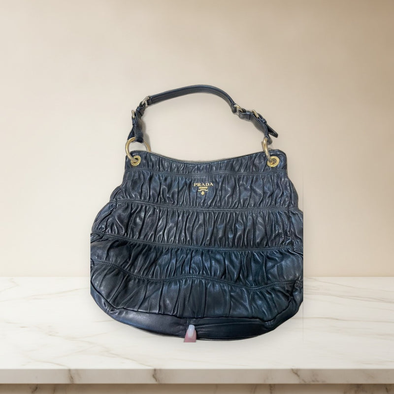 Prada Nappa Leather Gathered Shoulder Bag Black Gold Hardware