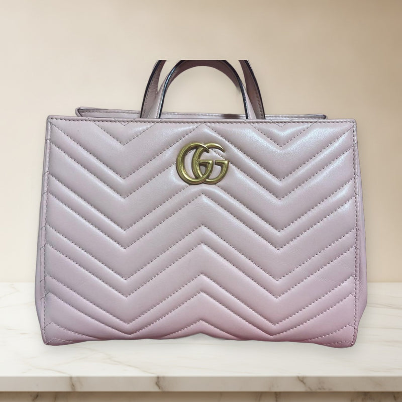 Gucci Marmont Quilted Top Handle Bag Leather Pink