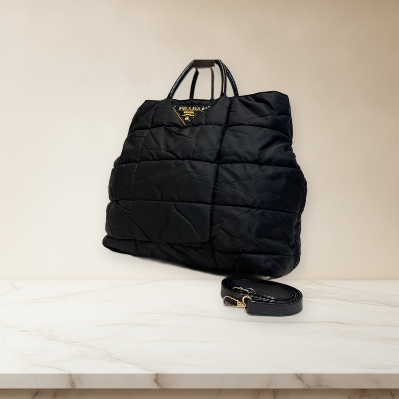 Prada Tessuto Bomber Crispy 2-Way Shoulder Bag Nylon Black Gold Hardware