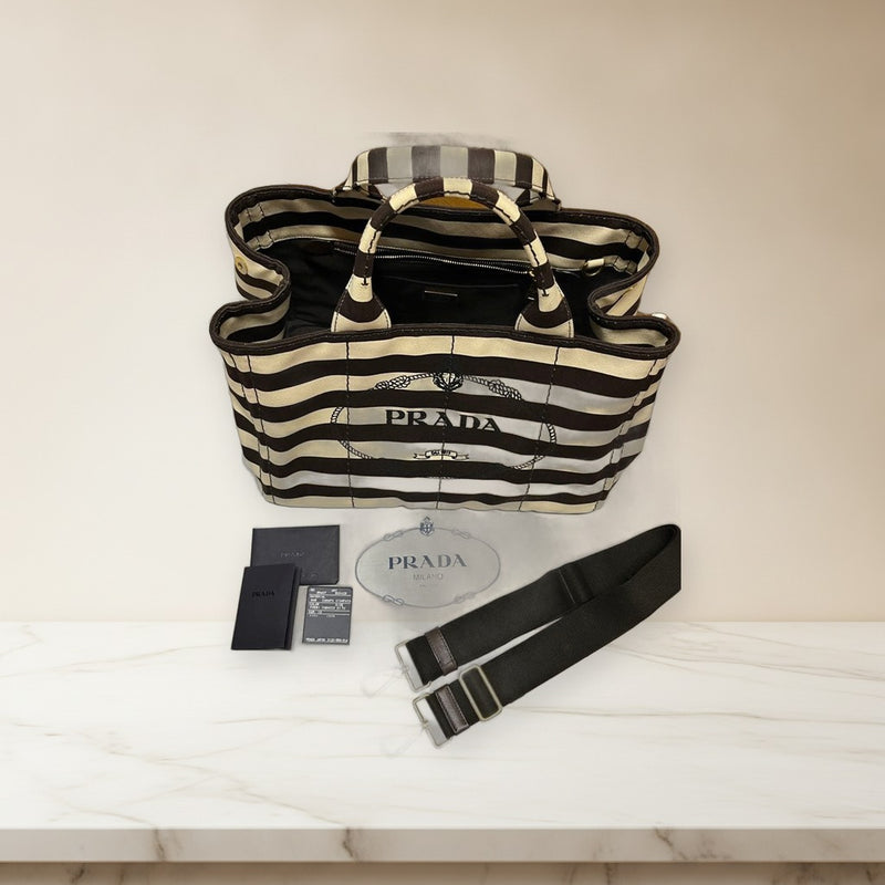 Prada Canapa Stripe Canvas Handbag Shoulder Bag Tote Brown Beige