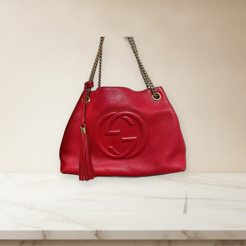 Gucci Red Leather Chain Shoulder Crossbody Handbag