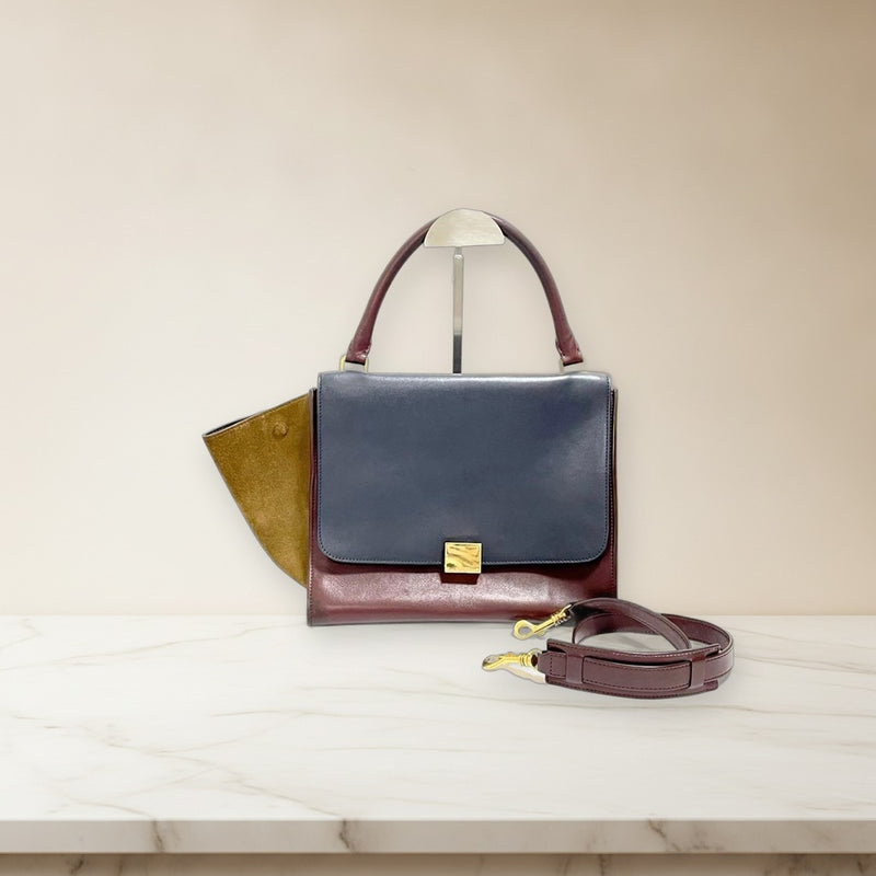 Celine Trapeze Handbag Shoulder Bag Leather Suede Navy Brown Khaki Gold Hardware