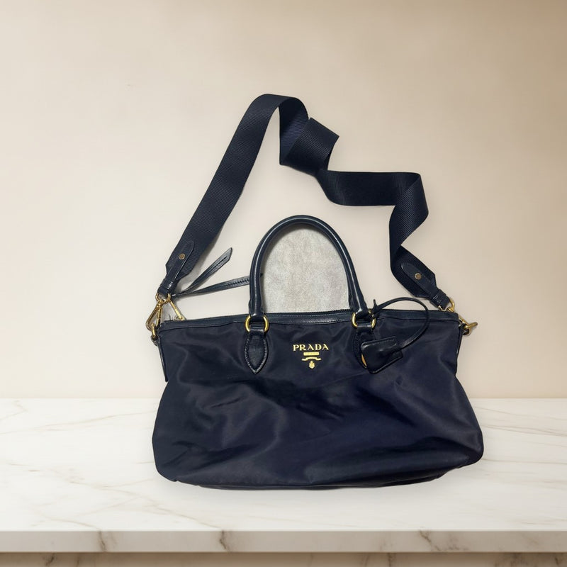 Prada Nylon Shoulder Bag Navy Blue Gold Hardware
