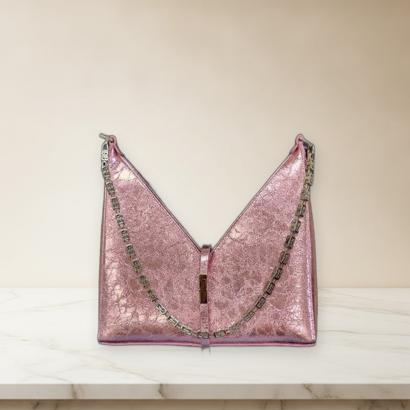 Givenchy Cut Out Crossbody Bag Metallic Pink Crackle Leather G Cube Chain