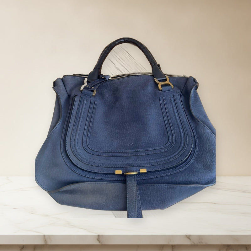 Chloe Marcie Handbag Shoulder Bag Navy Blue Leather Womens