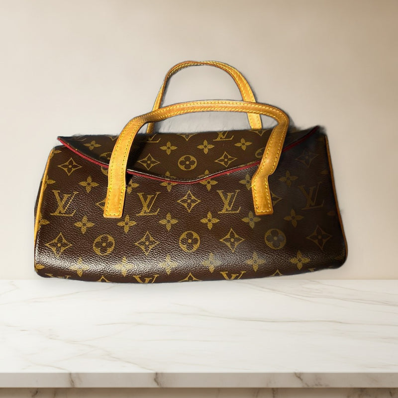 Louis Vuitton Monogram Handbag Leather Brown Yellow Double Handle Red Interior