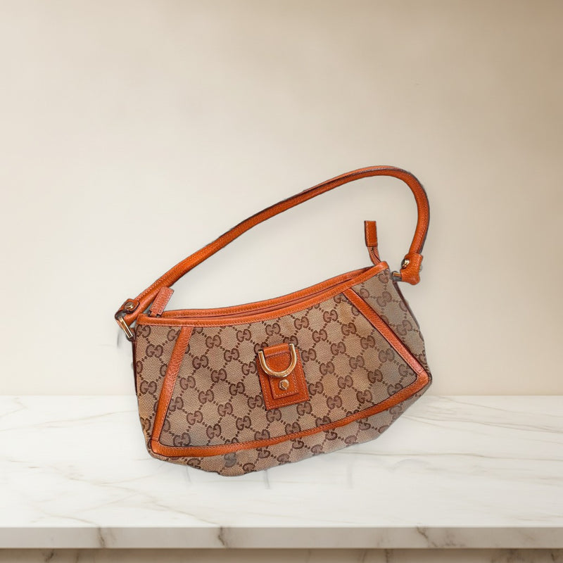 Gucci Handbag Beige Brown Canvas Leather Shoulder Bag Logo Design