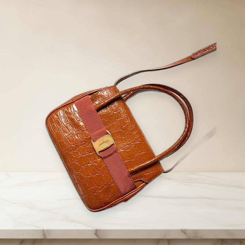 Salvatore Ferragamo 2 Way Handbag Shoulder Bag Leather Crocodile Embossed Light