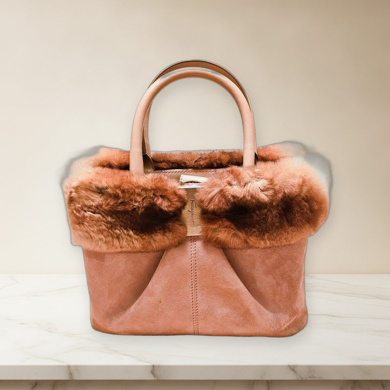 Salvatore Ferragamo Handbag Suede Orylag Fur Pink Beige Tote Bag