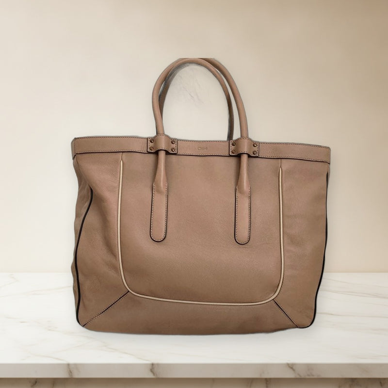 Chloé Tote Bag Large Shoulder Handbag Beige Leather