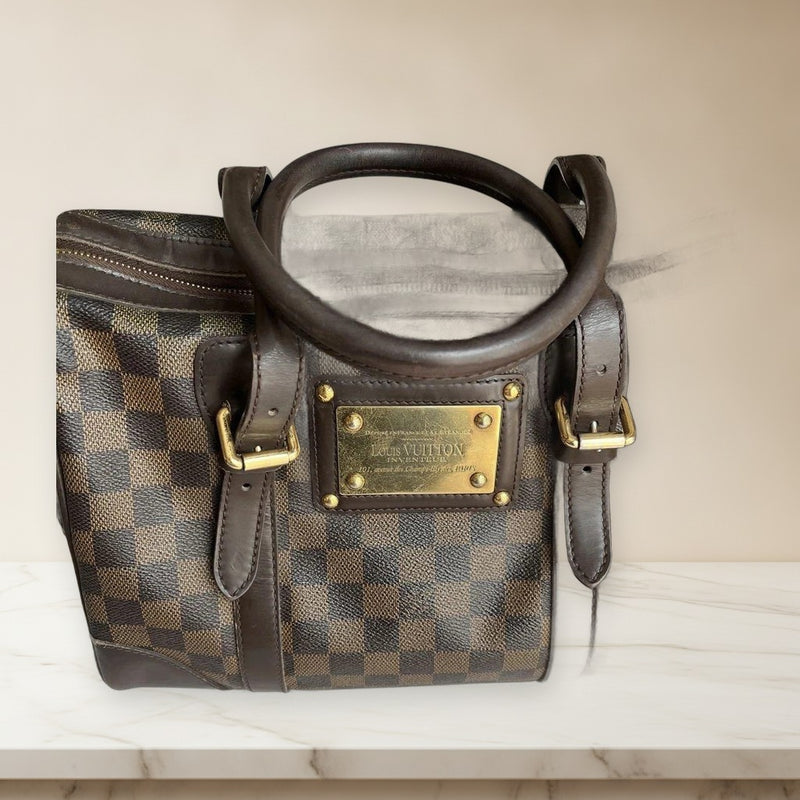 Louis Vuitton Damier Boston Hand Bag Brown Leather Gold Zipper