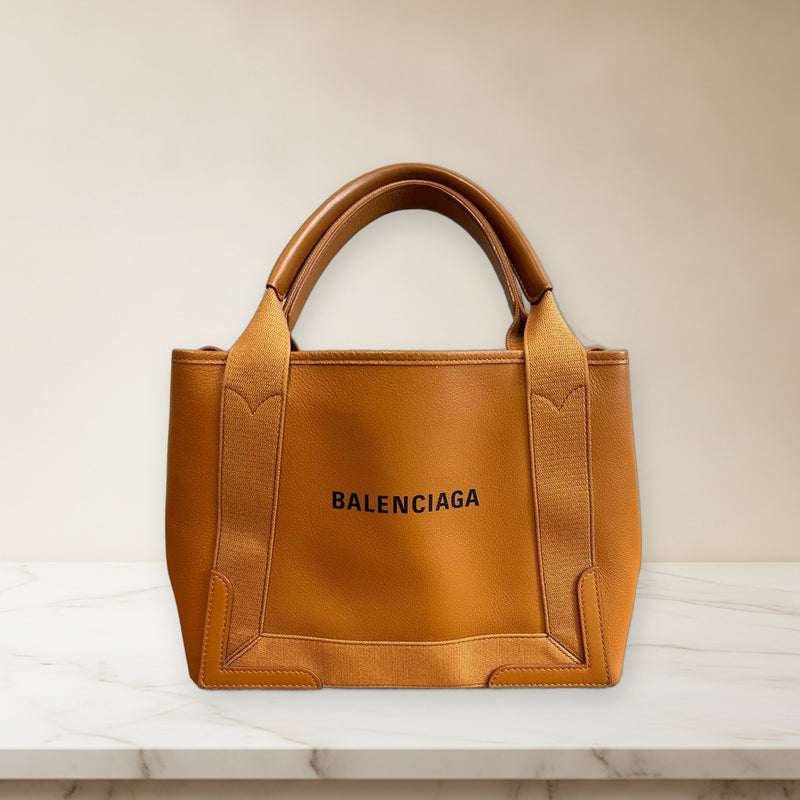 Balenciaga Navy S Cabas Tote Bag Leather Camel Handbag