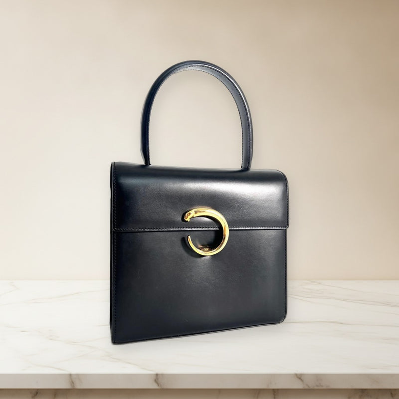 Cartier Panthere Top Handle Handbag Black Calfskin Leather Gold Hardware