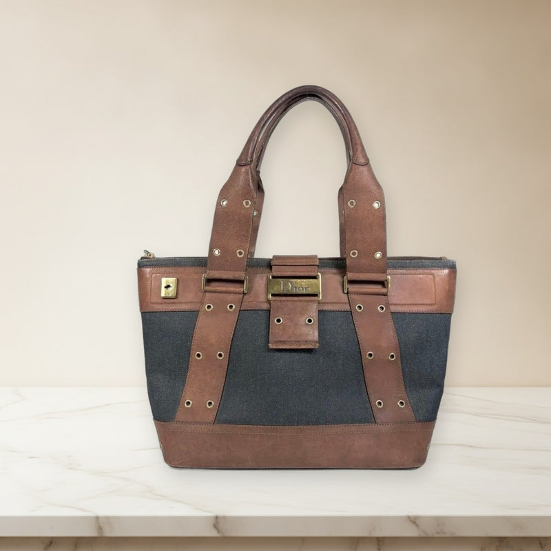 Christian Dior Street Chic Tote Bag Denim Leather Handbag Navy Brown