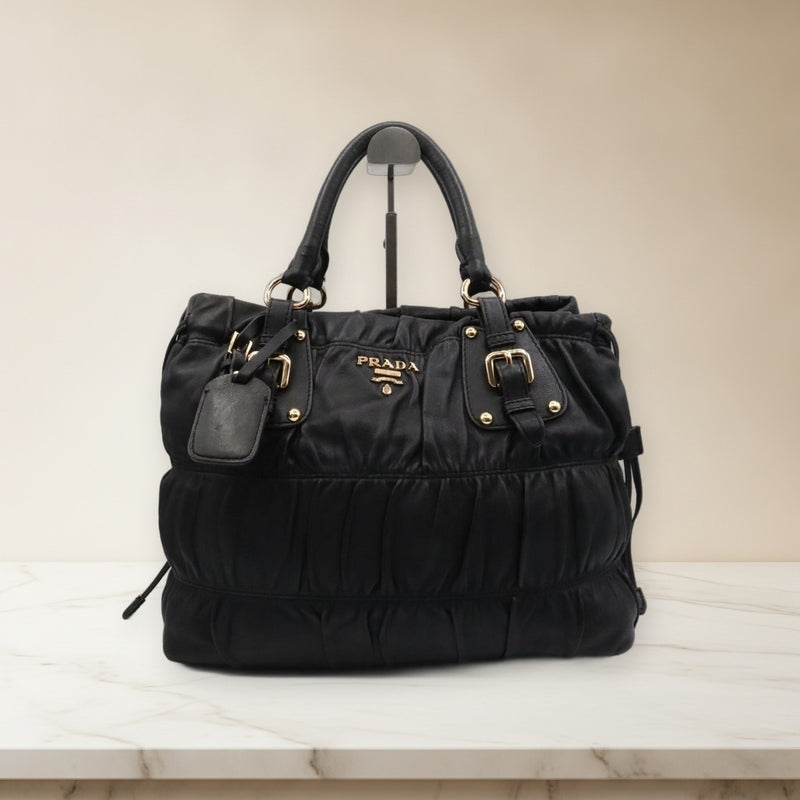 Prada Gathered Handbag Black Leather Tote Shoulder Bag