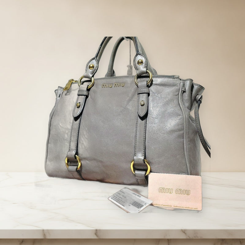 Miu Miu Vitello Shine RN0893 2way Handbag Shoulder Bag Leather Gray Gold