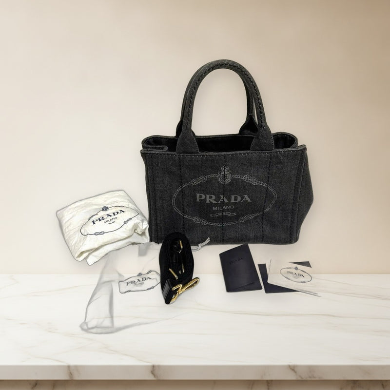 Prada Canapa Tote Bag Denim Black Handbag Shoulder Strap