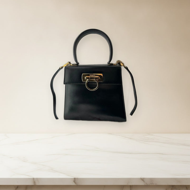 Salvatore Ferragamo Gancini Hand Bag Black Leather Gold Hardware